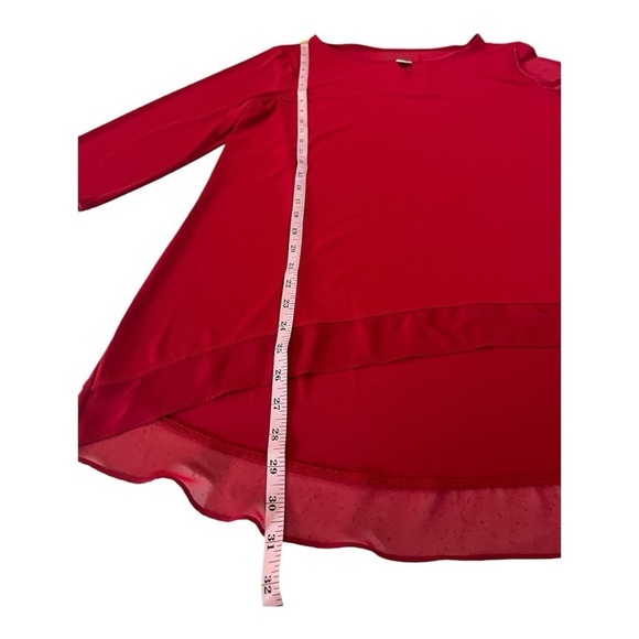 Chicos Cherry Red Demi Woven Mix Knit Top 3/4 Sleeve Hi Lo Hem Women Large - Picture 10 of 16